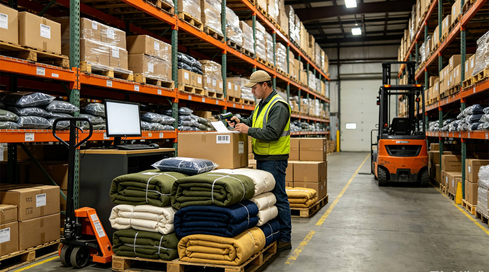 YRF Textile bulk blanket stock arranged for inventory control, destination allocation and procurement planning by institutional supply teams for the use risk-based sample opening section.