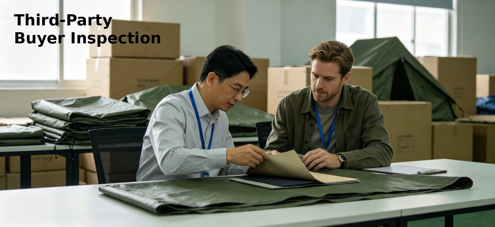 Buyer and supplier reviewing emergency gear inspection records for bulk procurement review