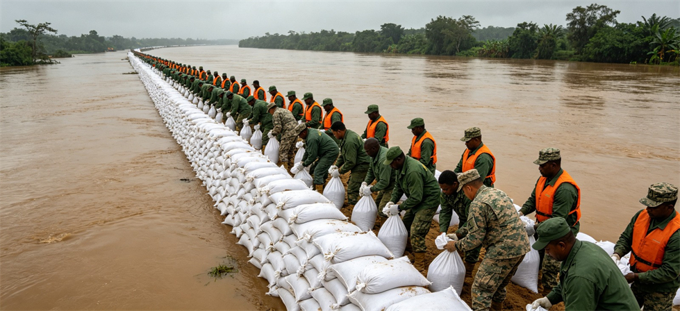 Flood Relief Products showing sandbag barrier for disaster camp allocation and field operation readiness