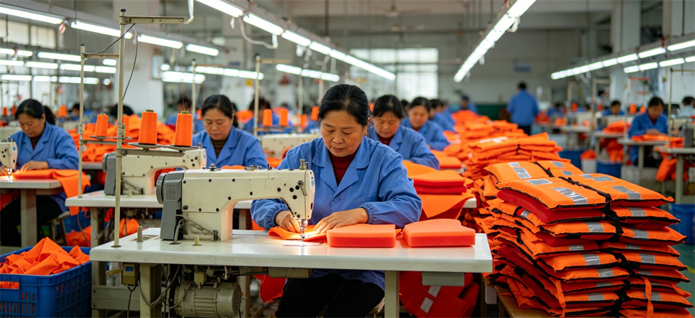 Water Rescue Life Jackets showing life jacket production for humanitarian relief distribution and stockpile review