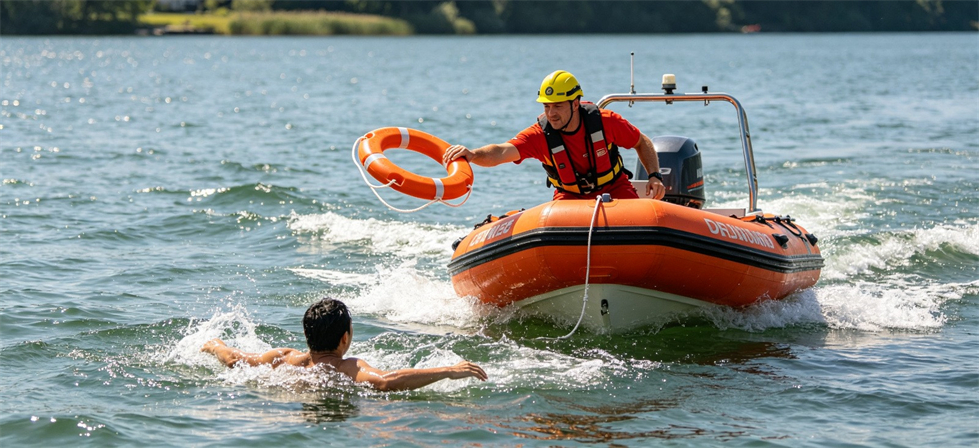 Rescue Lifebuoys showing boat assisted rescue for disaster camp allocation and field operation readiness Rescue Lifebuoys showing boat assisted rescue for disaster camp allocation and field operation readiness