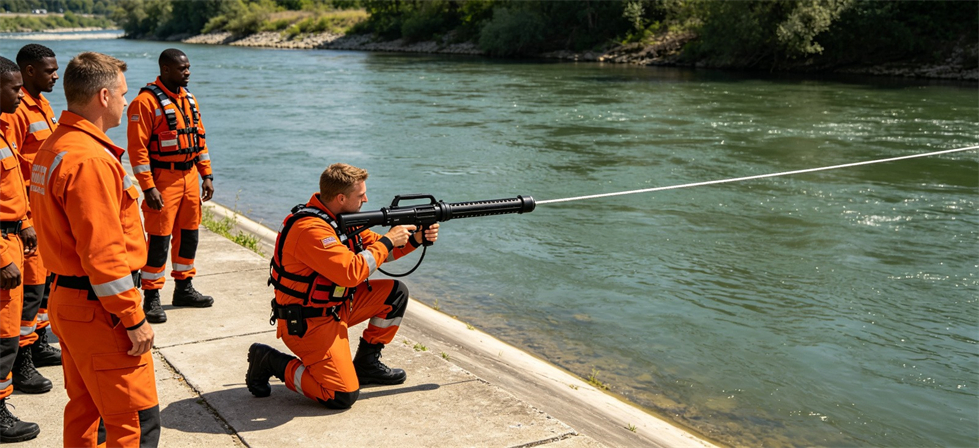 Rescue Line Throwers showing shoreline deployment for humanitarian relief distribution and stockpile review