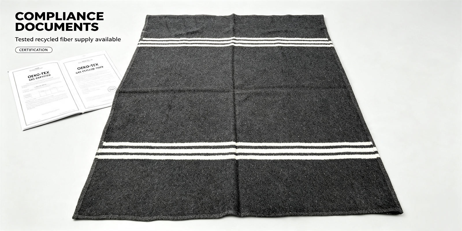 Emergency blanket product detail showing recycled fiber dark gray for institutional procurement review