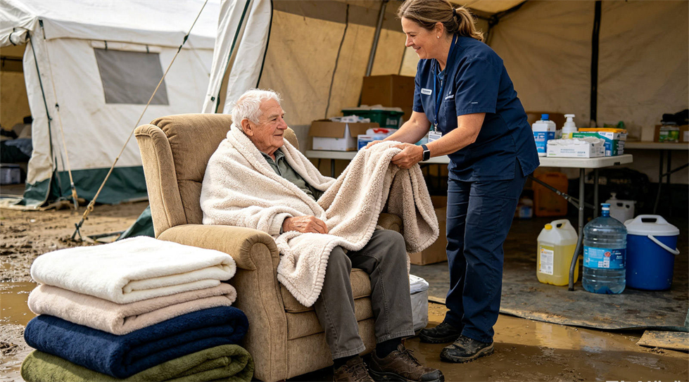 Emergency blanket field-use scene showing solid color brown scene for institutional procurement review