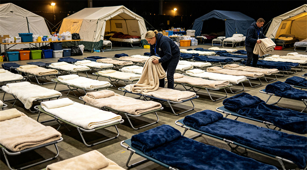 Emergency blanket temporary shelter use showing solid color brown scene for institutional procurement review
