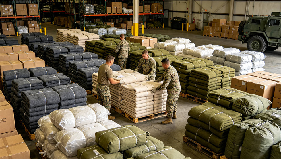 Emergency blanket field-use scene showing solid color dark brown for institutional procurement review