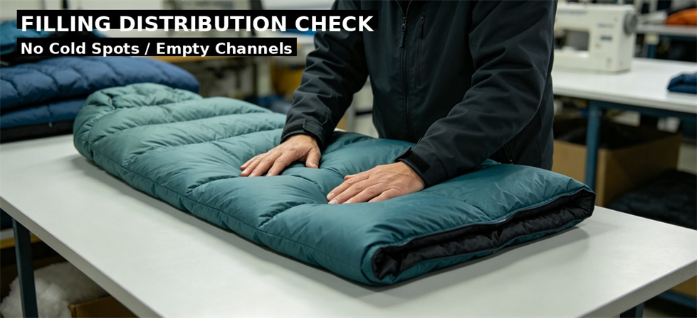 Sleeping bag filling distribution checked after a specification or material change Sleeping bag filling distribution checked after a specification or material change