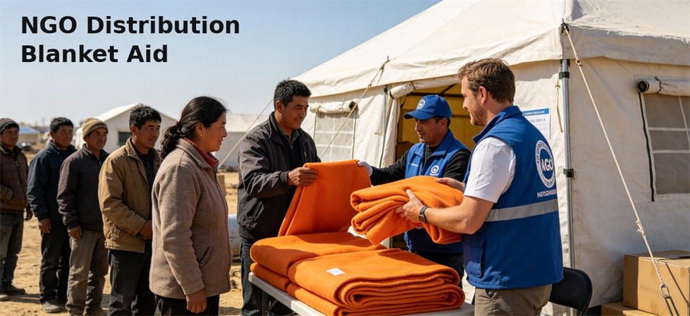 Relief blanket distribution scene showing practical quantity planning for aid procurement