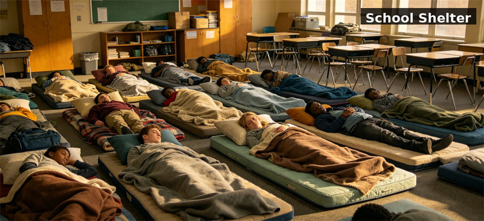 Emergency bedding arranged in a school shelter for large-scale disaster accommodation