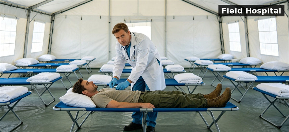 Bedding arranged in a field hospital for institutional emergency accommodation for B2B procurement