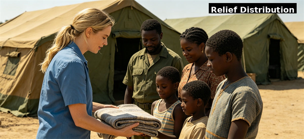 Relief blanket distribution at a temporary camp for humanitarian supply planning