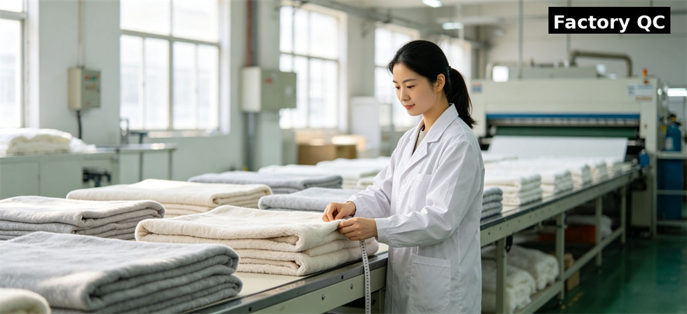 Factory inspector checking relief blankets during quality control review for institutional bulk procurement review