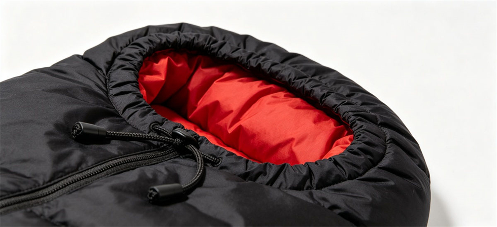 Hood and drawcord detail shown for sleeping bag construction review for government stockpile, institutional supply and