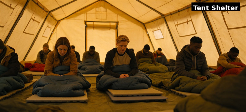 Sleeping bags arranged inside a temporary relief tent for accommodation planning