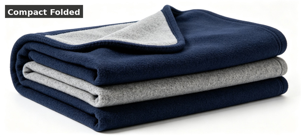 Fleece blanket compact folded shown for storage conditions and carton protection in institutional blanket procurement review