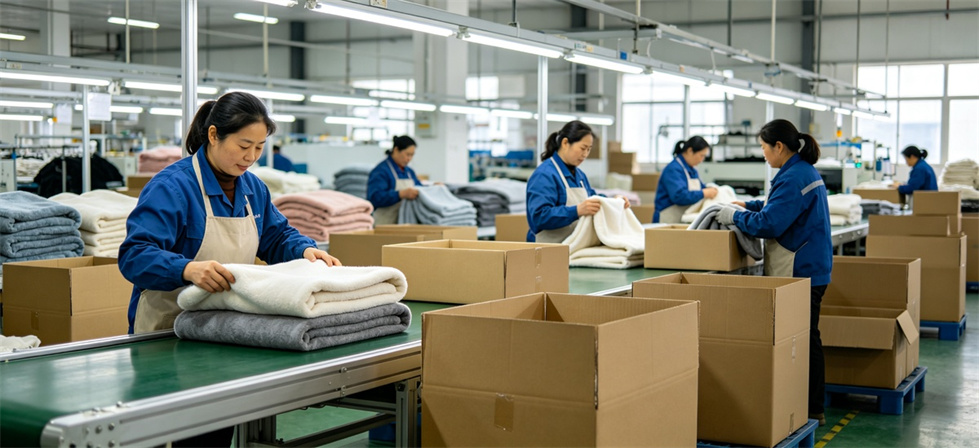 Blanket factory packing line shown for yrf textile community shelter blankets in institutional blanket procurement review