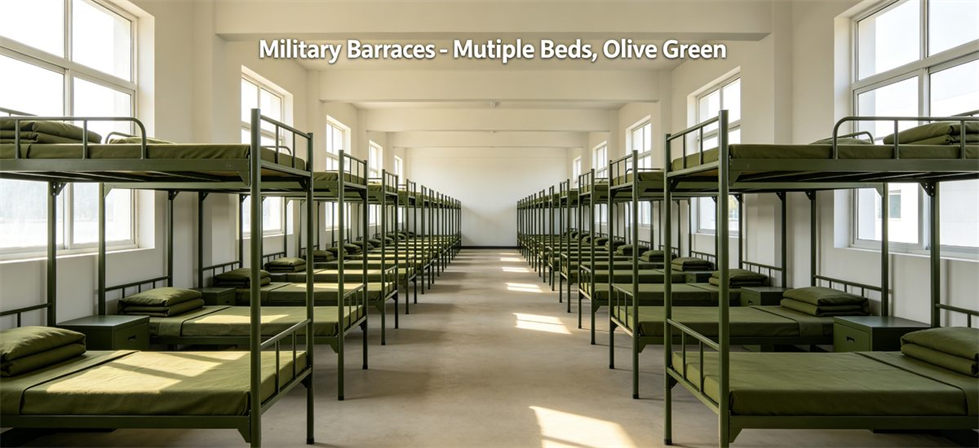 Military barracks bunk beds with olive green bedding set for large scale institutional bulk procurement