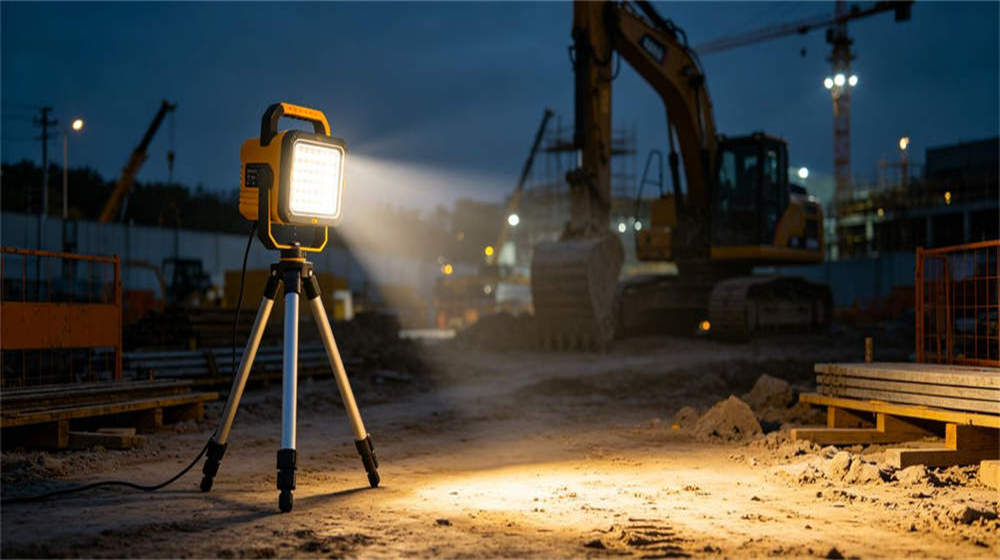 Rechargeable work light on tripod illuminating construction site at night