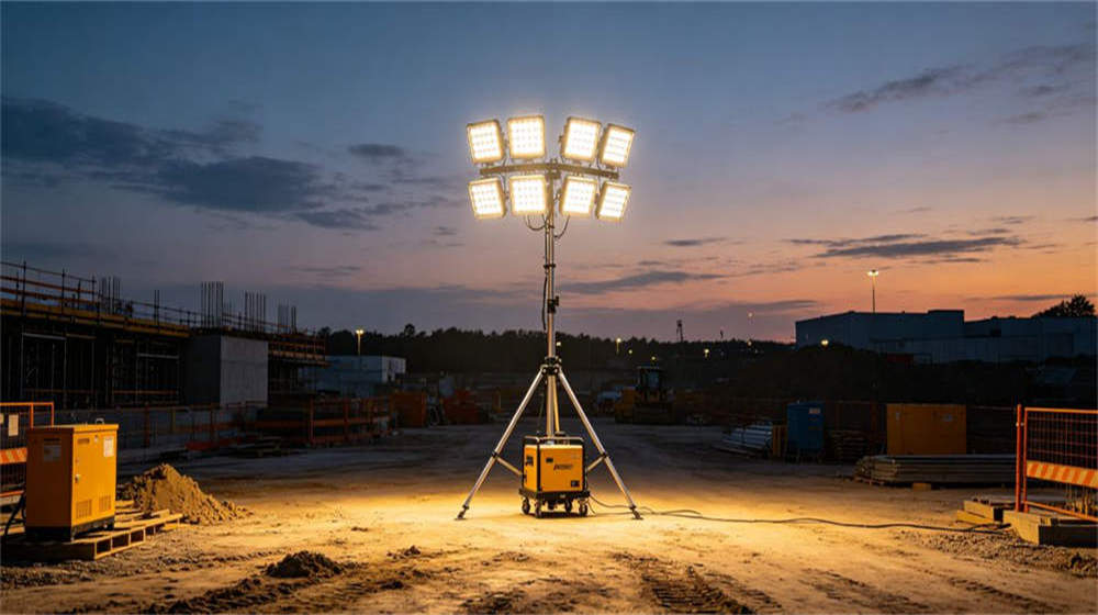 Portable area lighting tower with multiple LED panels for large camp perimeters