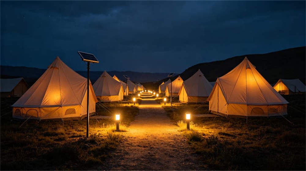 Remote camp walkway at night with solar path lights for worker safety