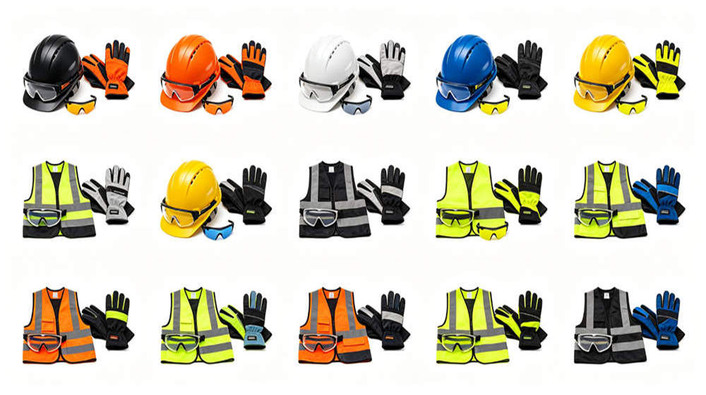 Multiple PPE sets in color combinations helmet vest gloves goggles for crew identification