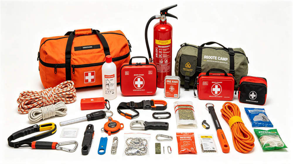 Fire safety station at remote camp with fire blanket smoke detector first aid kit