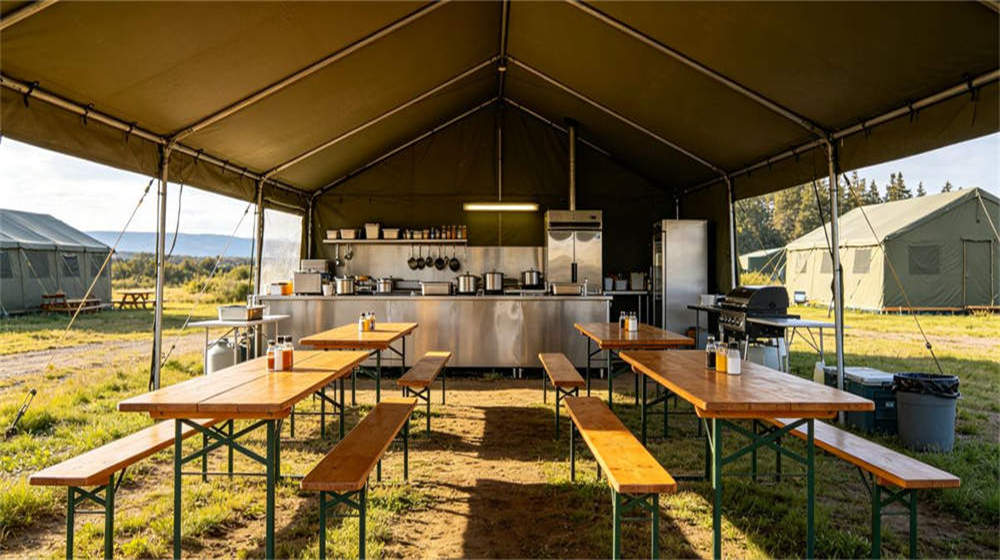 Remote camp sanitation area with portable toilets shower units solar water heater