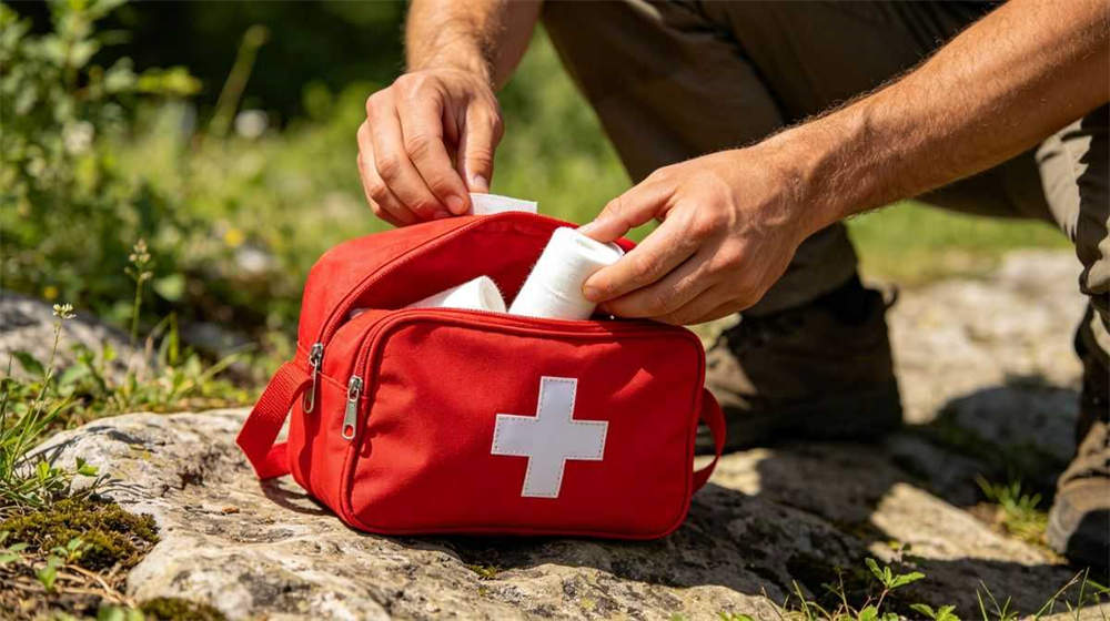 First aid kit being used outdoor person opening red emergency medical bag with cross symbol taking bandages First aid kit being used outdoor person opening red emergency medical bag with cross symbol taking bandages