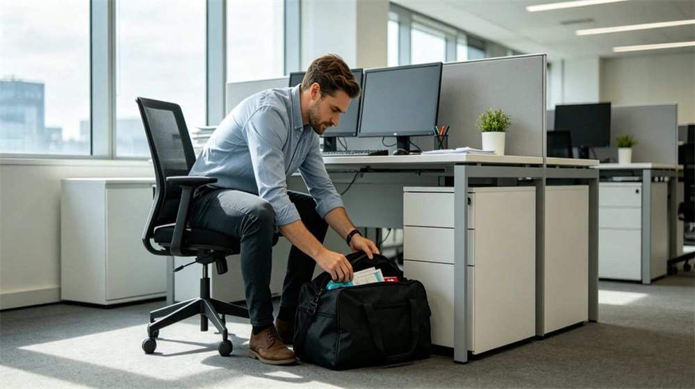 Office emergency kit stored in workplace desk drawer with first aid supplies and emergency backpack