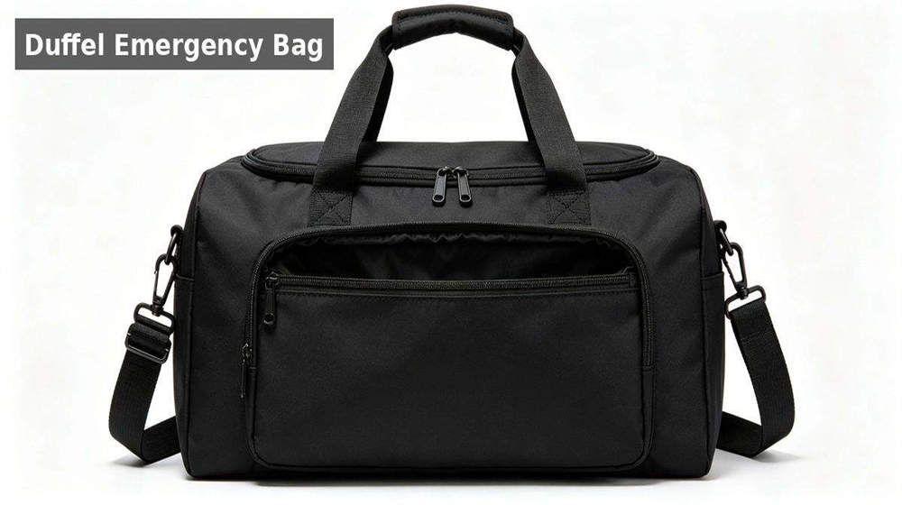 Black duffel emergency bag large capacity rugged transport for disaster supplies