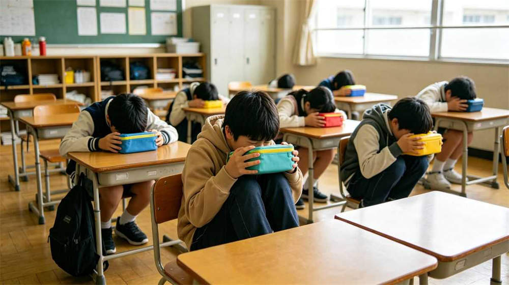School classroom emergency drill students with colorful emergency kits practicing duck and cover