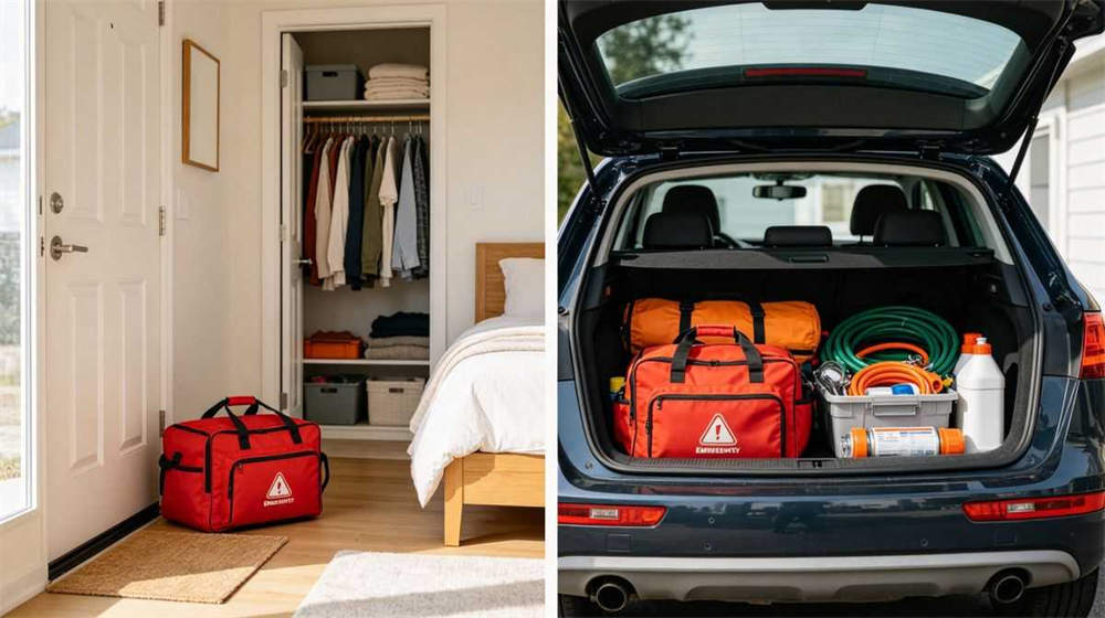 Emergency kit storage locations home closet bedroom and car trunk multi placement collage Emergency kit storage locations home closet bedroom and car trunk multi placement collage