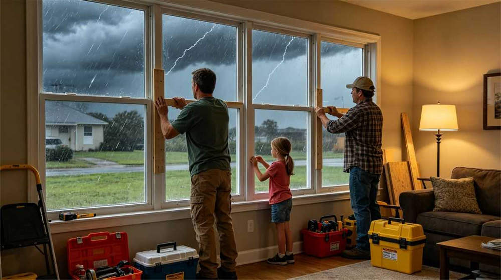 Hurricane preparation family boarding up windows with emergency kit nearby stormy sky outside Hurricane preparation family boarding up windows with emergency kit nearby stormy sky outside