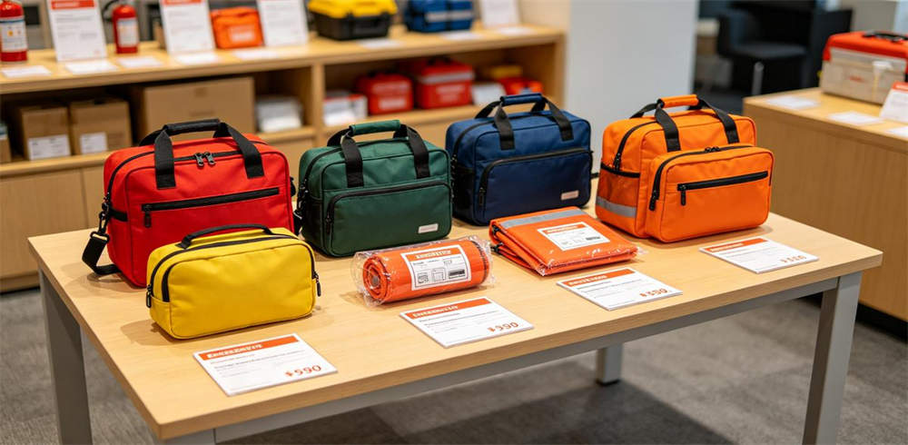 Mixed order emergency kits display with multiple product lines and colors Mixed order emergency kits display with multiple product lines and colors