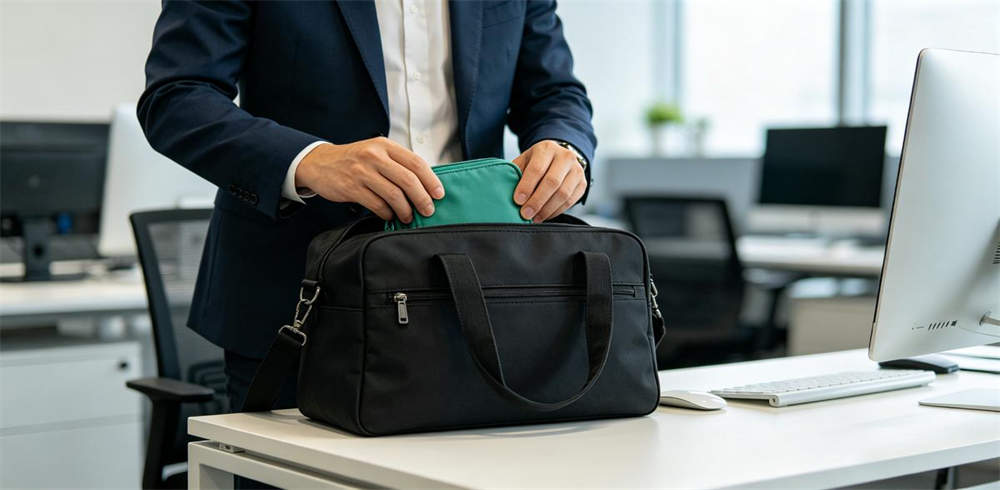 Office worker putting personal emergency kit pouch into work bag Office worker putting personal emergency kit pouch into work bag