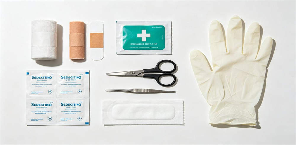 First aid kit components bandages antiseptic wipes scissors tweezers gloves First aid kit components bandages antiseptic wipes scissors tweezers gloves