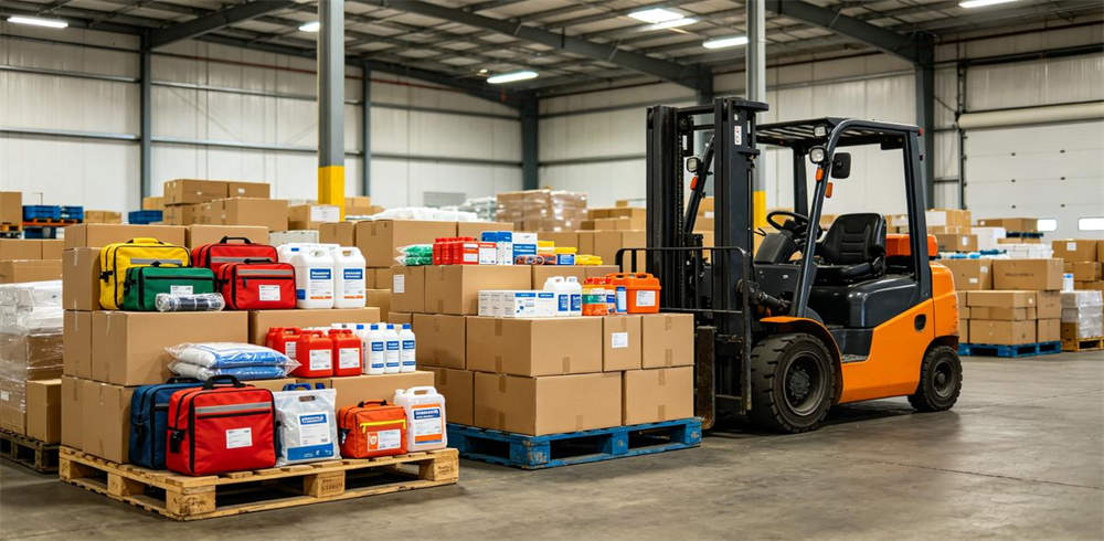 Mixed order emergency kits packed in cartons on pallets with forklift in warehouse