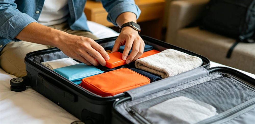 Traveler packing personal emergency kit into travel luggage at hotel Traveler packing personal emergency kit into travel luggage at hotel