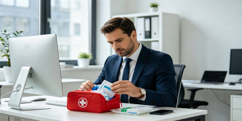 Emergency kit office scene, businessman checking red first‑aid kit on office desk, workplace emergency medical supplies for corporate site safety and business office B2B bulk procurement