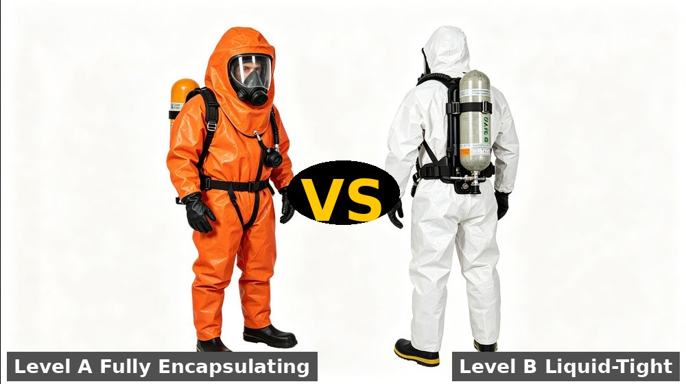 Level A encapsulating suit and Level B liquid-tight suit compared for industrial hazmat selection