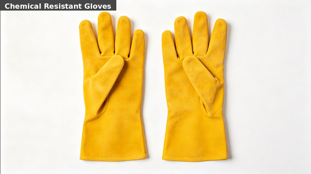 Chemical-resistant gloves for hand protection within an industrial hazmat protective equipment set