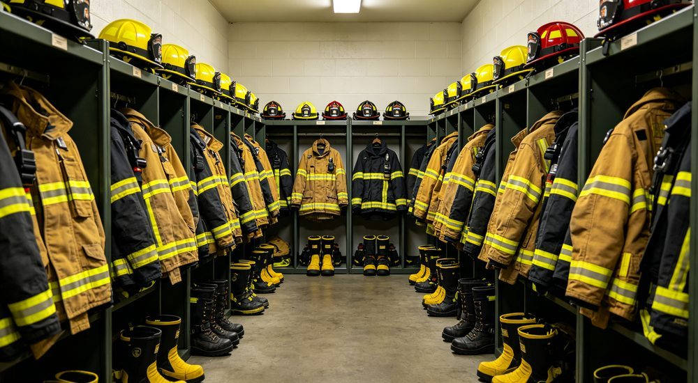 Fire station gear locker room with rows of firefighter turnout gear, helmets and boots organized