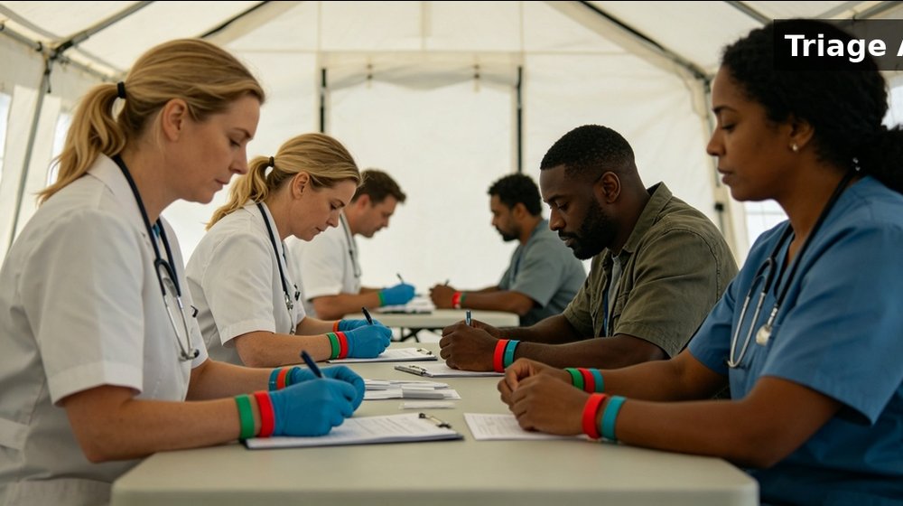 Hospital field medical supply image showing triage area inside tent scene for temporary clinics, disaster response and institutional procurement plann