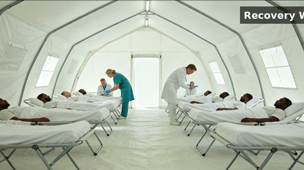 Hospital field medical supply image showing recovery ward folding beds scene for temporary clinics, disaster response and institutional procuremen