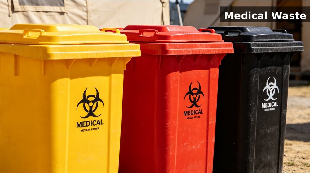 Hospital field medical supply image showing medical waste bins color coded for temporary clinics, disaster response and institutional procurement 