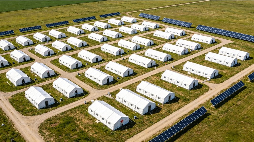 Hospital field medical supply image showing field hospital camp aerial view for temporary clinics, disaster response and institutional procurement