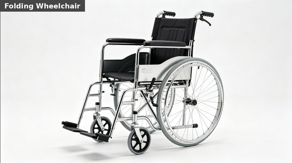 Hospital field medical supply image showing folding wheelchair silver white background for temporary clinics, disaster response and institutional procuremen