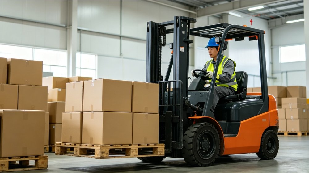 Hospital field medical supply image showing forklift loading boxes warehouse asian for temporary clinics, disaster response and institutional procuremen