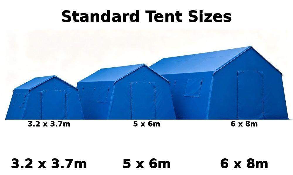 Emergency frame tent size comparison showing small 3x4m, medium 5x6m, large 6x8m shelters