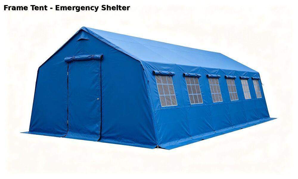 Large blue emergency frame shelter tent product photo on pure white background with smooth exterior